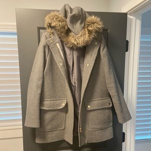J Crew Mercantile Wool Blend City Coat Faux Fur Hood